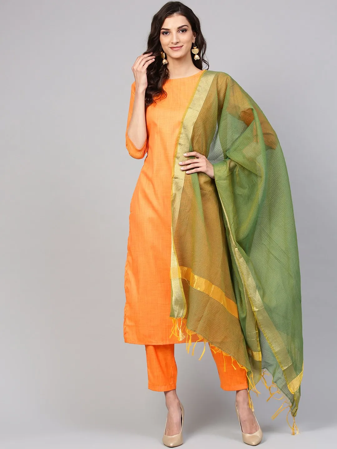 Light  Orange Kurta Set With Pants & Green Contrasting Dupatta