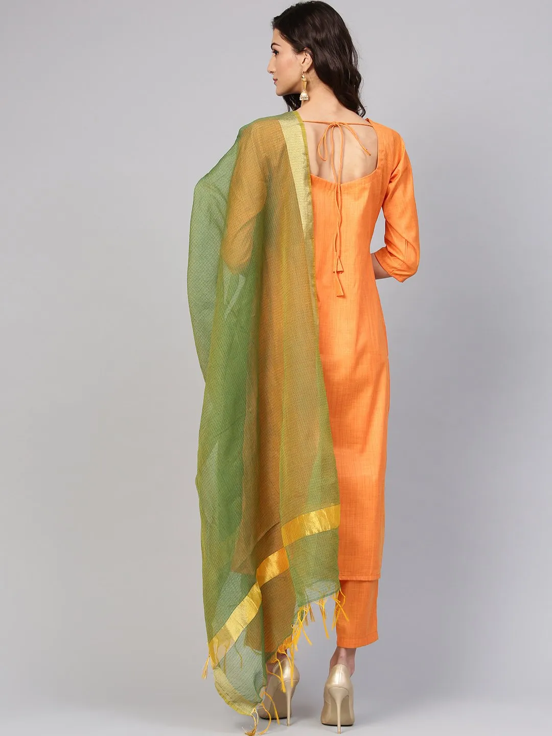 Light  Orange Kurta Set With Pants & Green Contrasting Dupatta