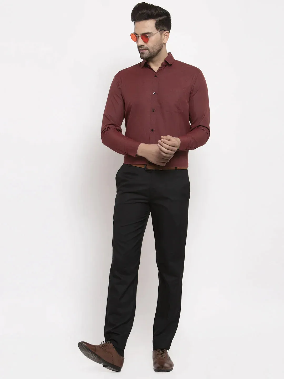 Maroon Men'S Cotton Solid Button Down Formal Shirts