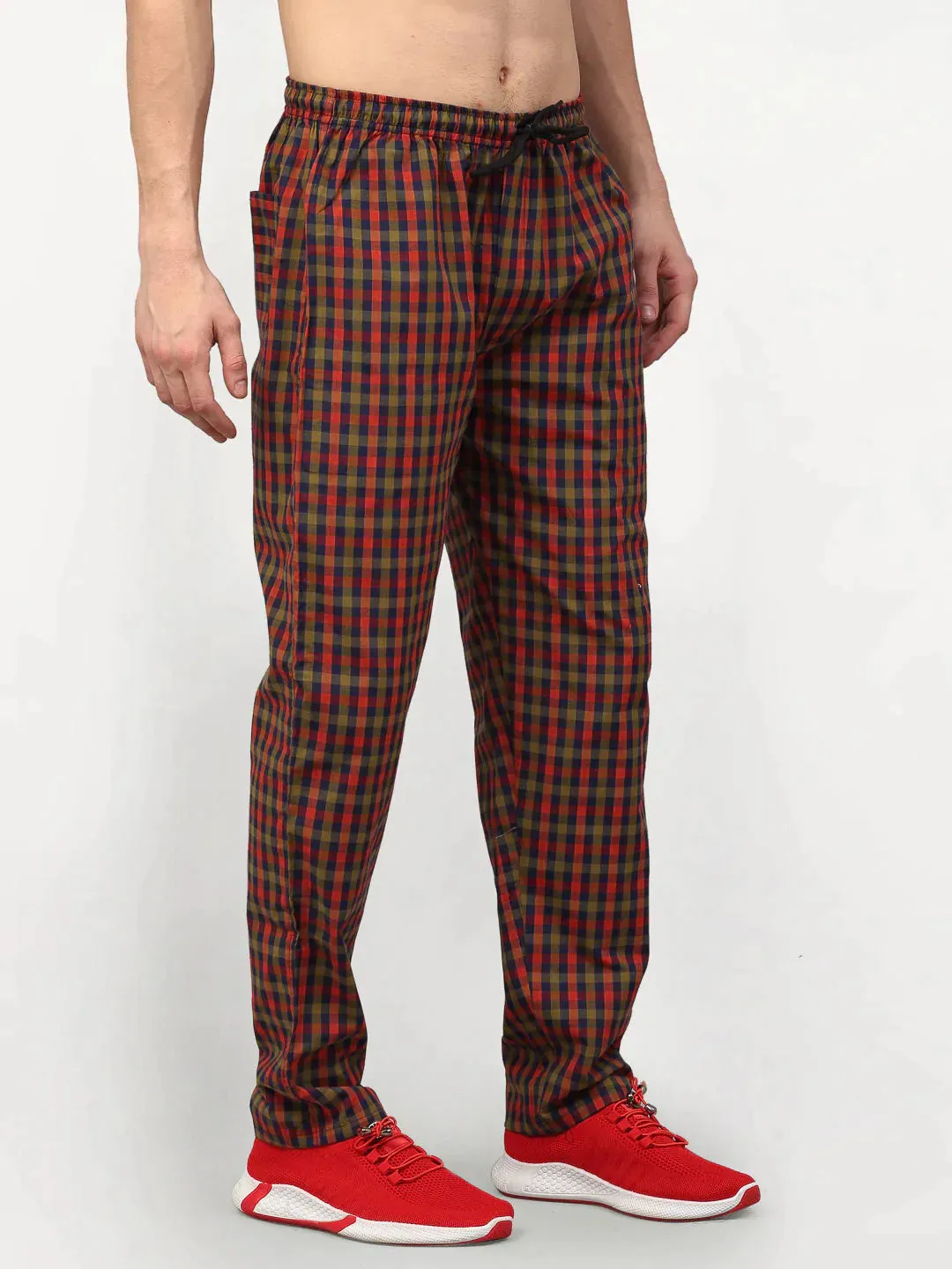 Men'S Orange Cotton Checked Track Pants