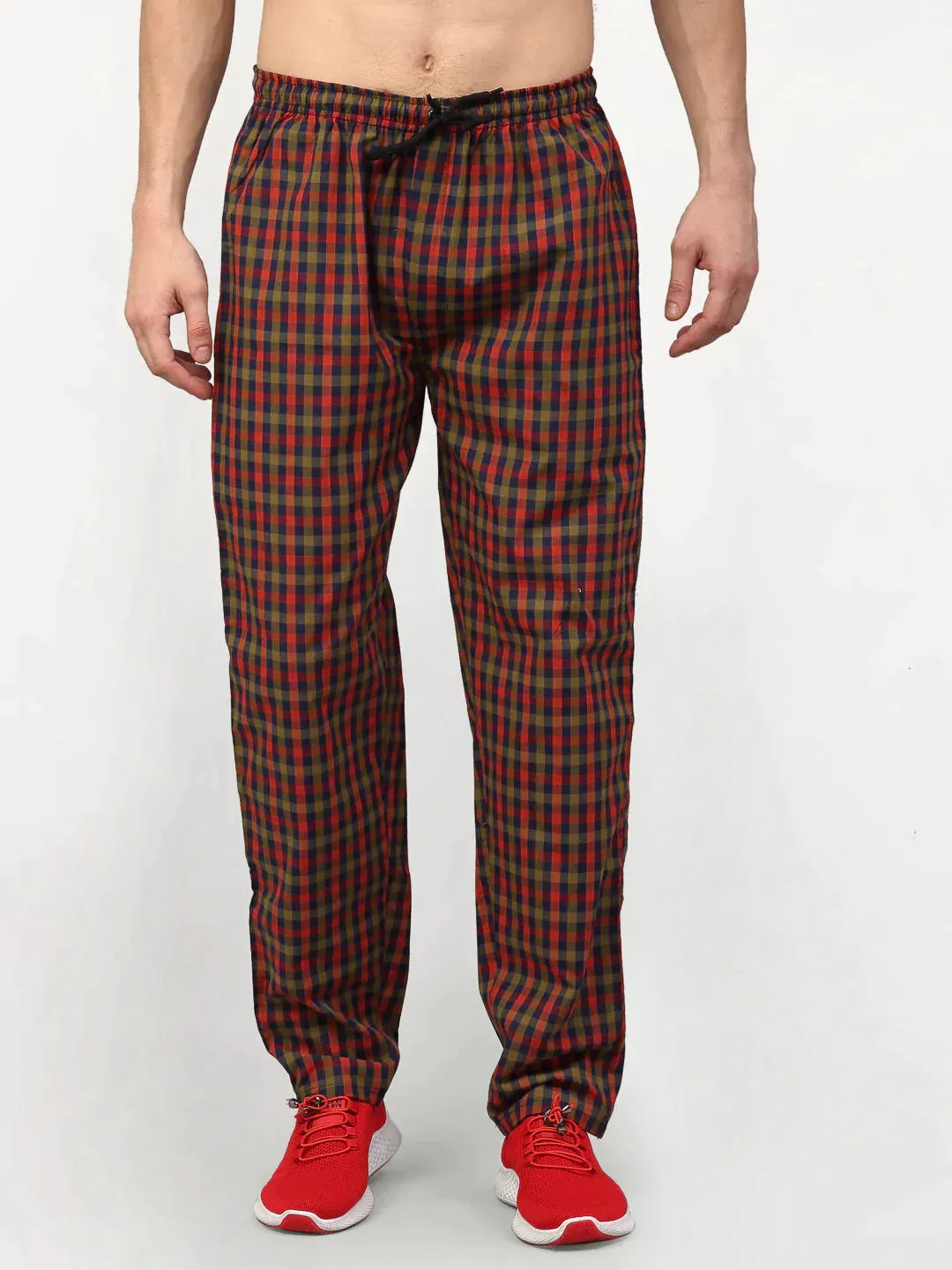 Men'S Orange Cotton Checked Track Pants