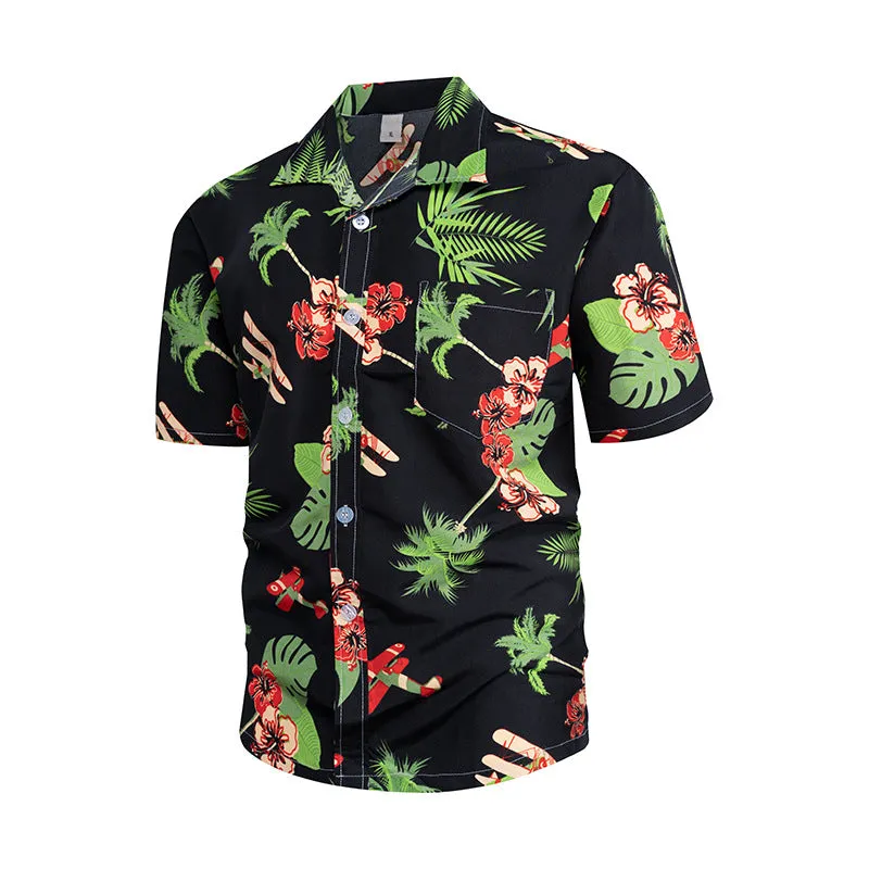 Men's Summer Short Sleeve Hawaiian Floral Printed Beach Shirt Polo Collar Beach Vacation T Shirts for Men Casual T-shirt