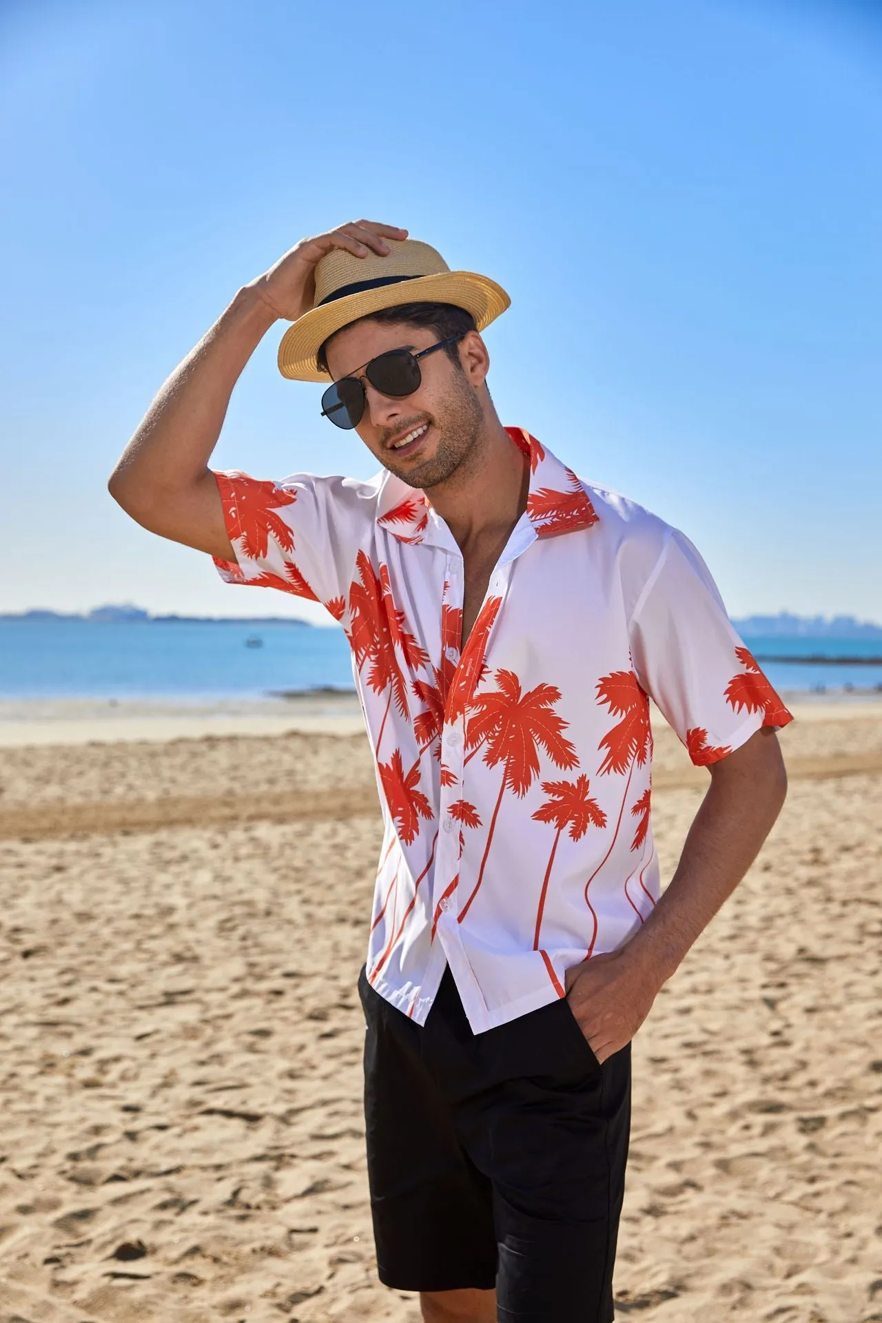 Men's Summer Short Sleeve Hawaiian Floral Printed Beach Shirt Polo Collar Beach Vacation T Shirts for Men Casual T-shirt