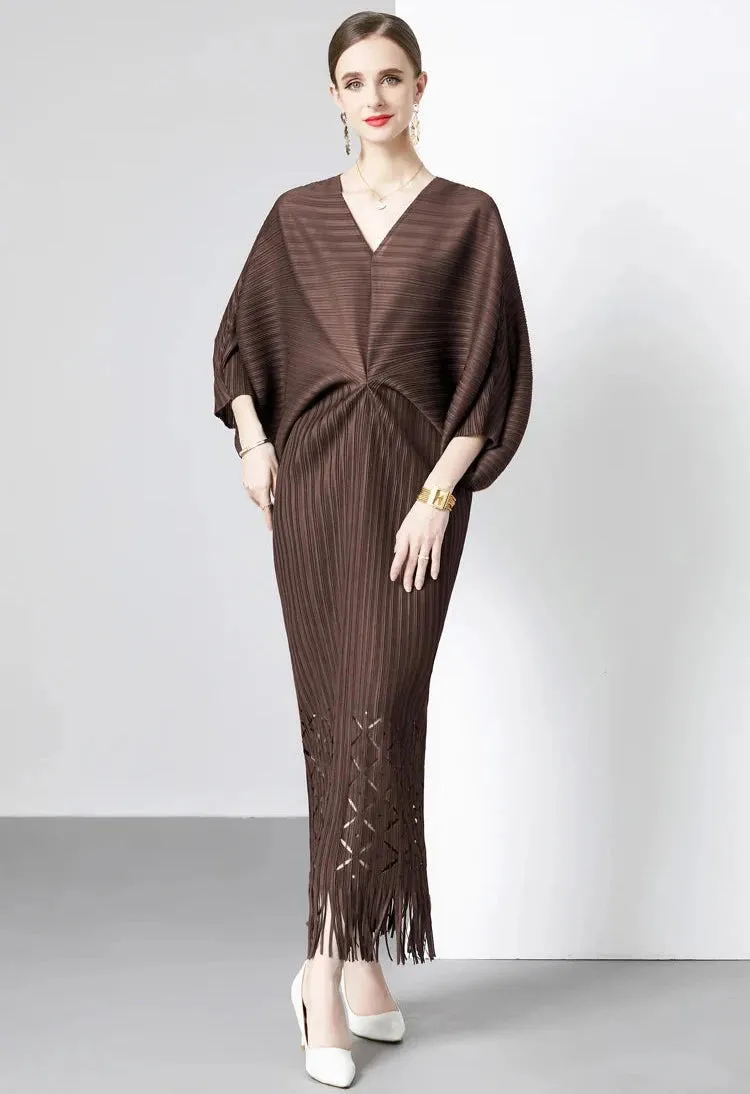 Miyake Pleated Batwing Sleeve Tassel Maxi Dress