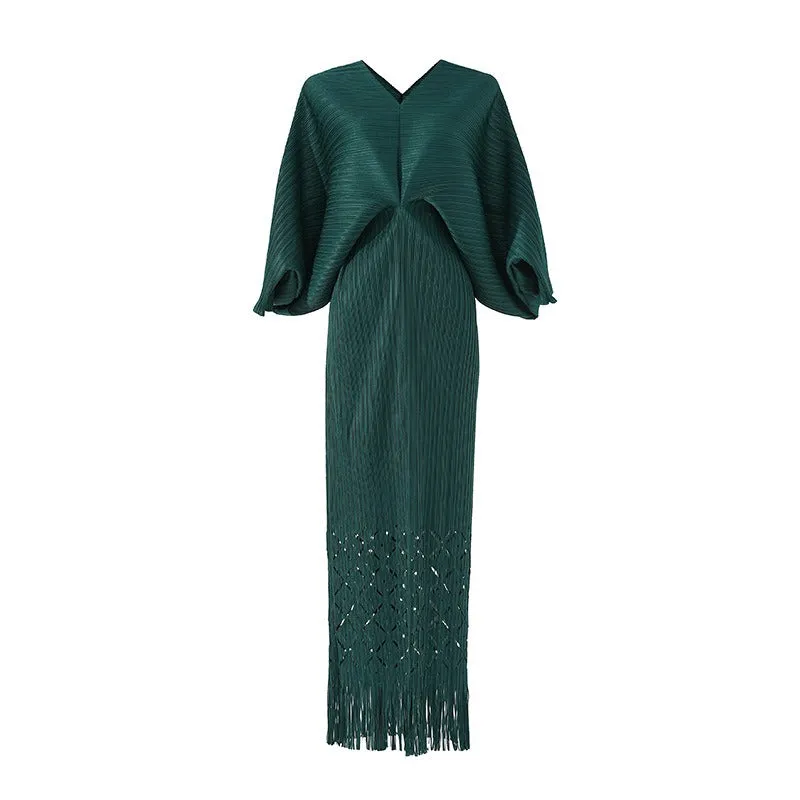 Miyake Pleated Batwing Sleeve Tassel Maxi Dress