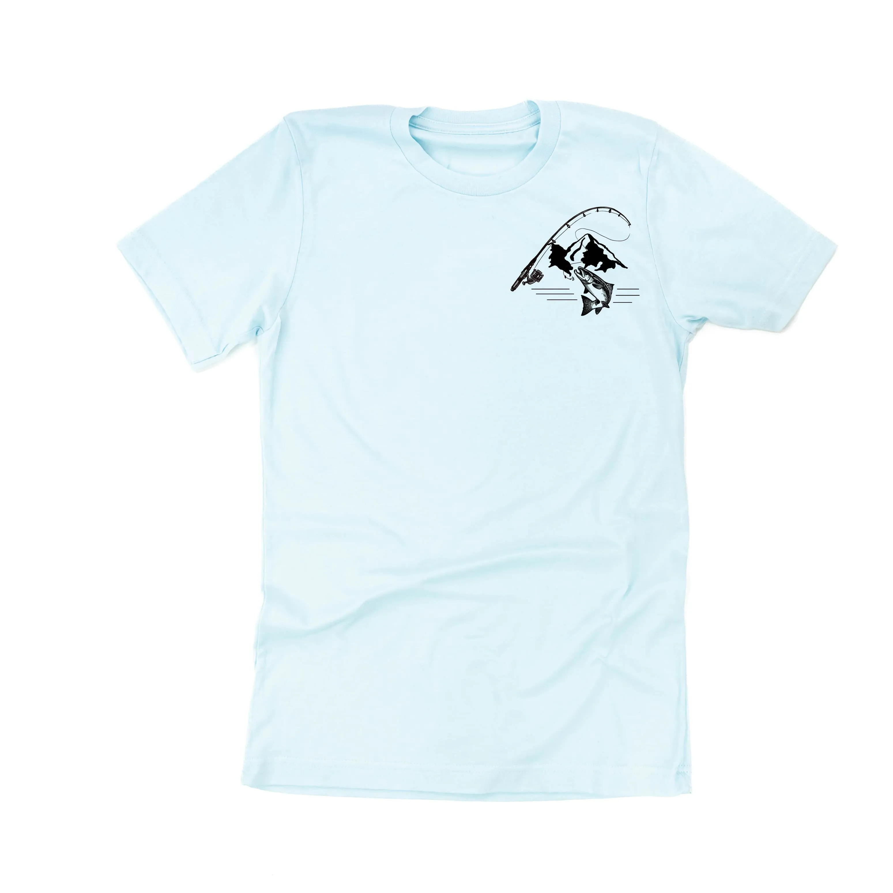 Mountain Fish & Pole Pocket Design on Front w/ FISH ON on Back - Unisex Tee