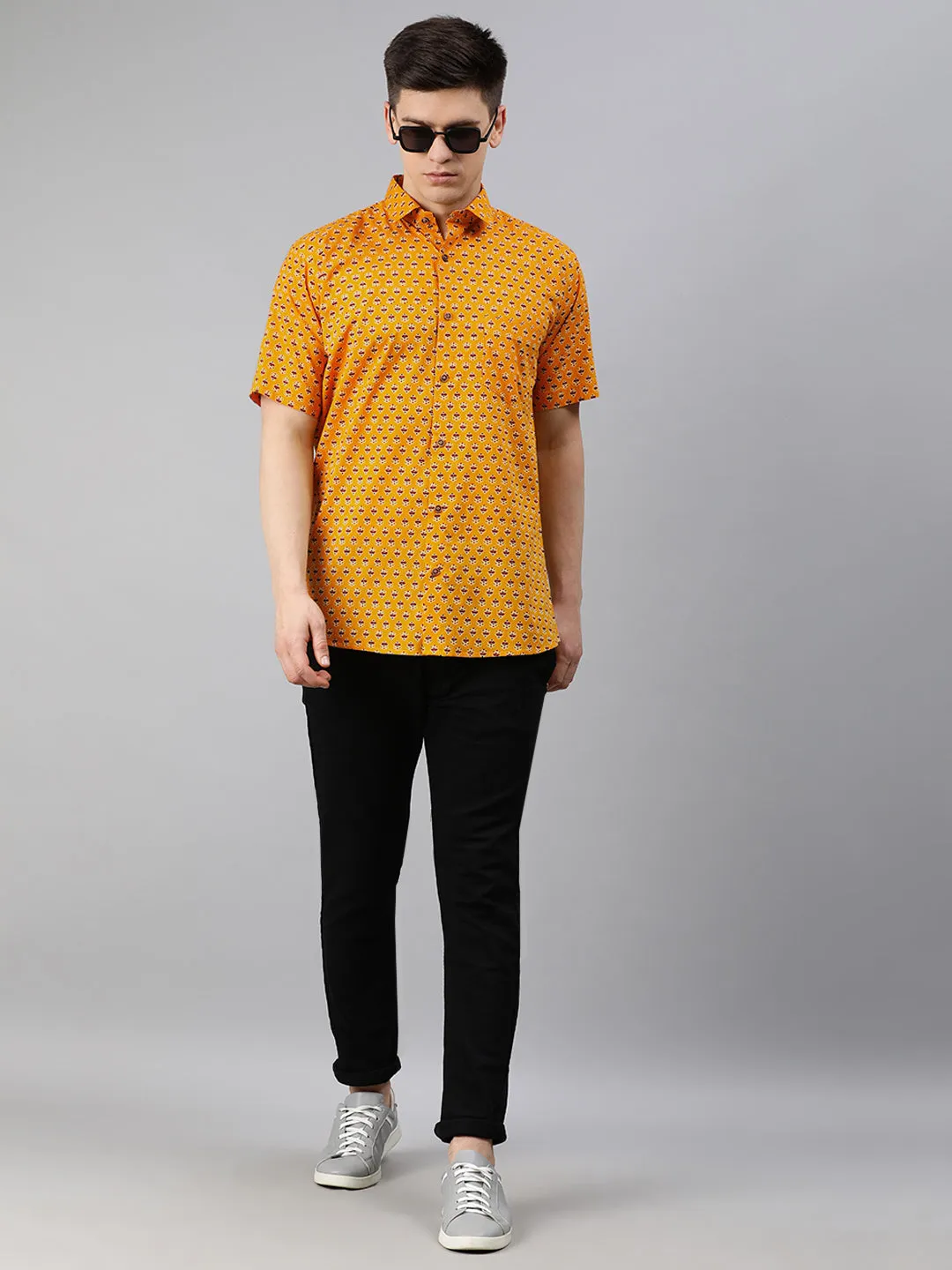 Mustard Cotton Short Sleeves Shirts For Men-Mmh043