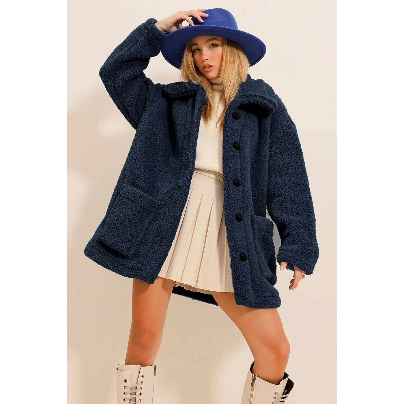 Navy Fur Long Button Down Jacket