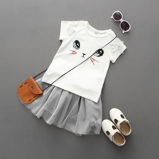 New 2017 Summer Girls Dress Clothing Sets Fashion Cotton Short Sleeve T-shirt Organza Skirts Children Kids Girl Clothes 2pcs Set