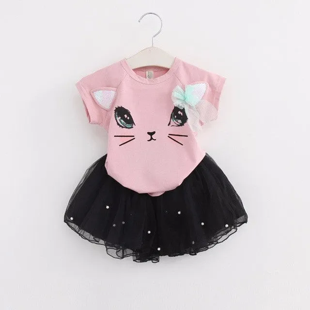 New 2017 Summer Girls Dress Clothing Sets Fashion Cotton Short Sleeve T-shirt Organza Skirts Children Kids Girl Clothes 2pcs Set