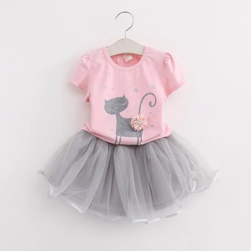 New 2017 Summer Girls Dress Clothing Sets Fashion Cotton Short Sleeve T-shirt Organza Skirts Children Kids Girl Clothes 2pcs Set