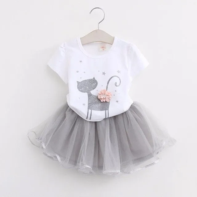 New 2017 Summer Girls Dress Clothing Sets Fashion Cotton Short Sleeve T-shirt Organza Skirts Children Kids Girl Clothes 2pcs Set