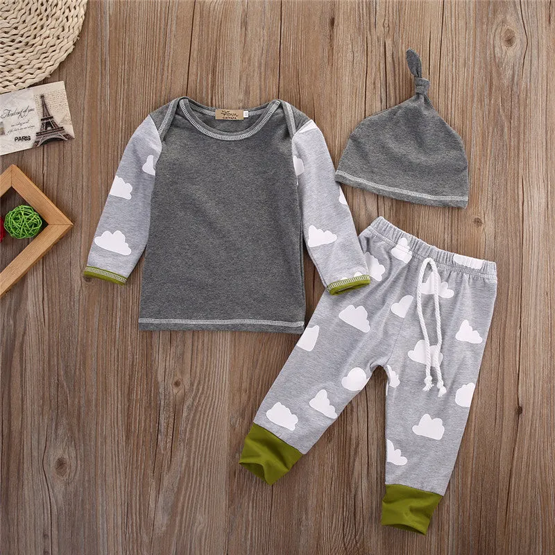 Newborn Baby Girls Boys Cloudy Clothes Sets Casual Cotton Clothing Autumn Out Wear Boutique Outfits Tops Pant Hats 3PCS Sets