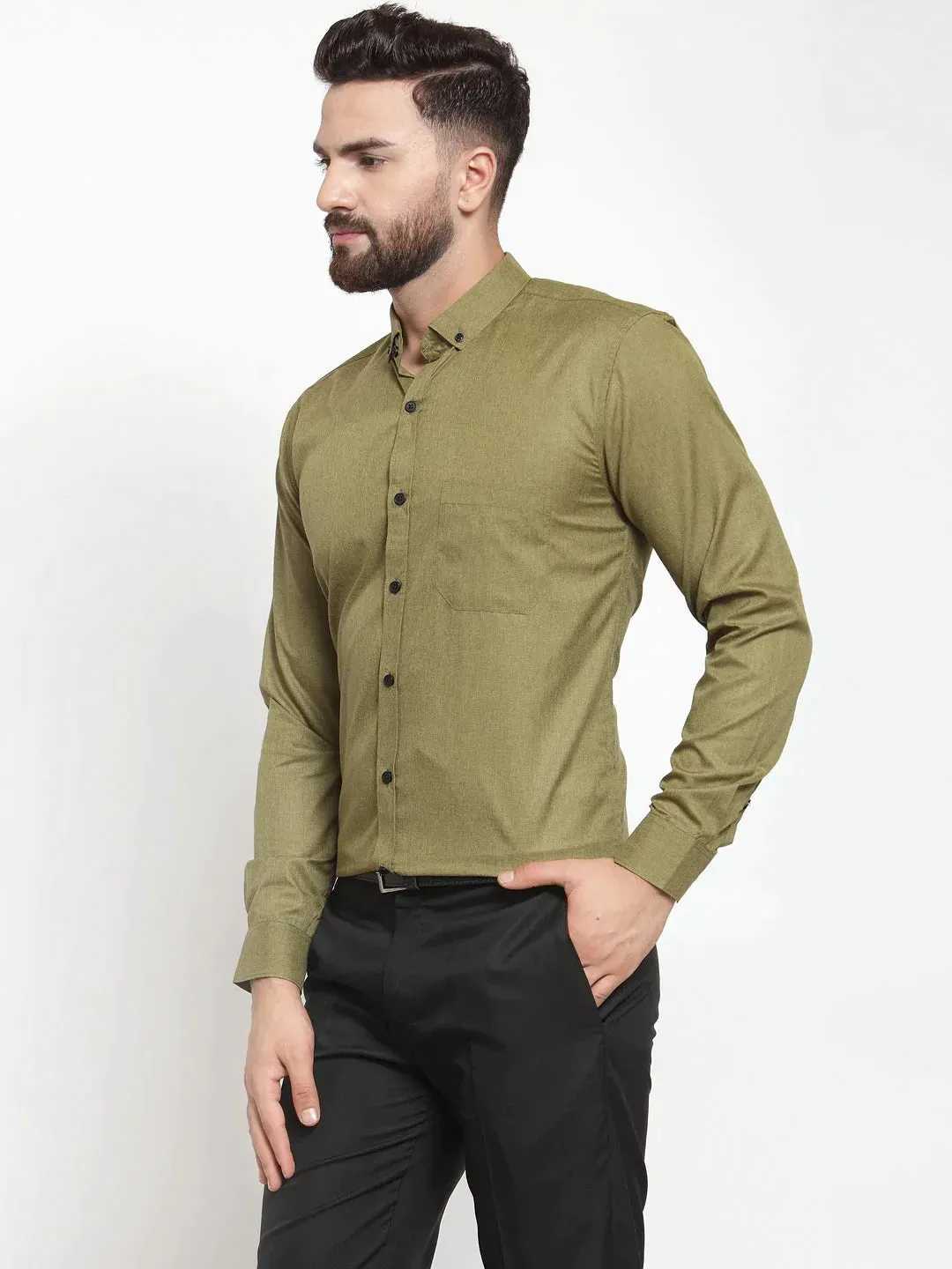 Olive Men'S Cotton Solid Button Down Formal Shirts