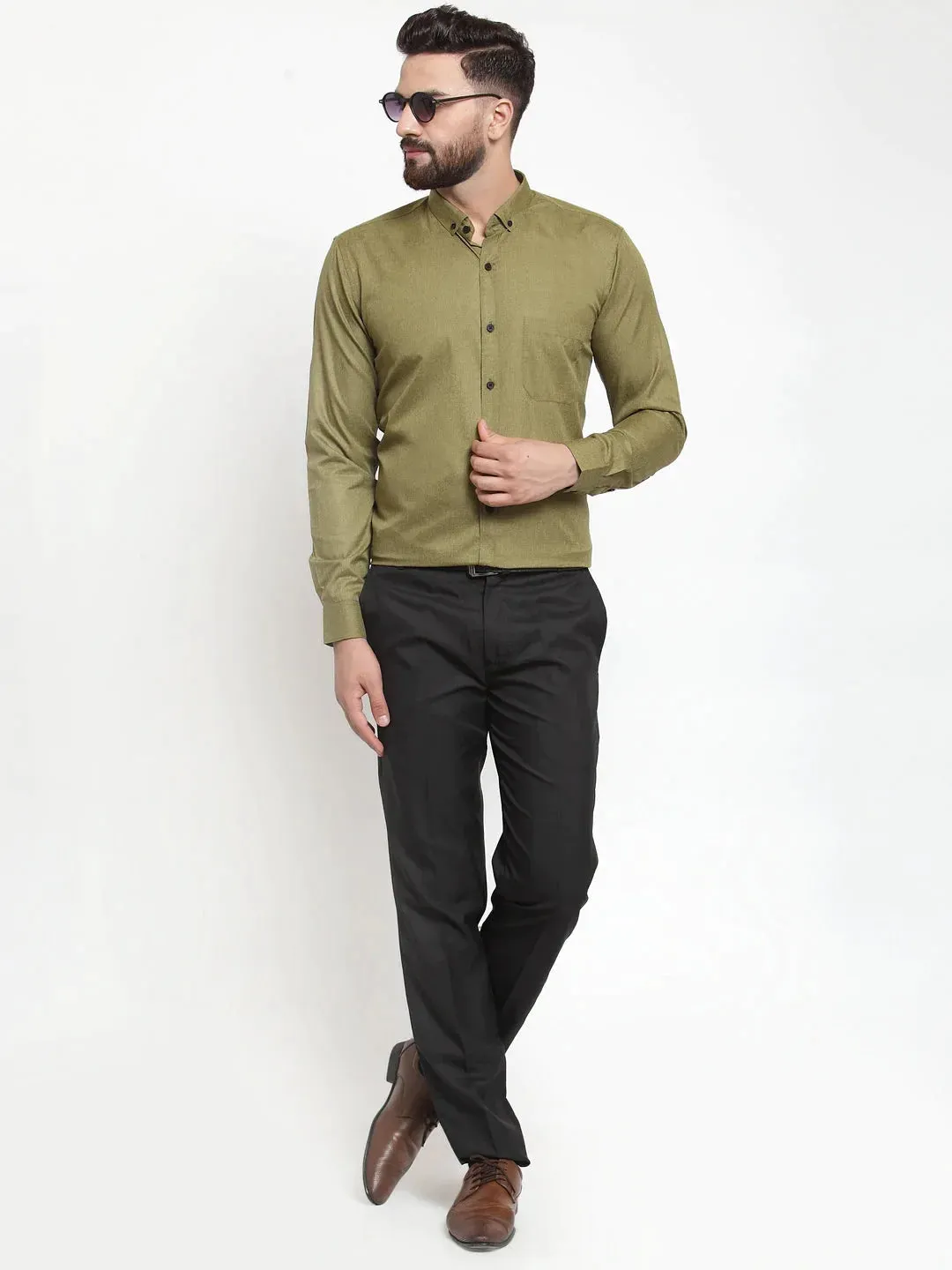 Olive Men'S Cotton Solid Button Down Formal Shirts