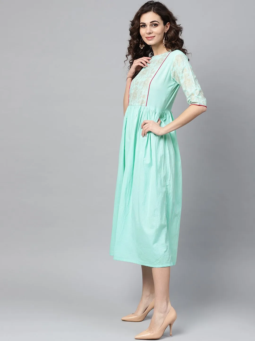 Pastel Green Dress With Front Gold Printed Yoke & 3/4 Sleeves