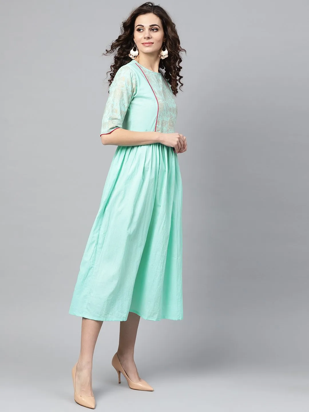 Pastel Green Dress With Front Gold Printed Yoke & 3/4 Sleeves