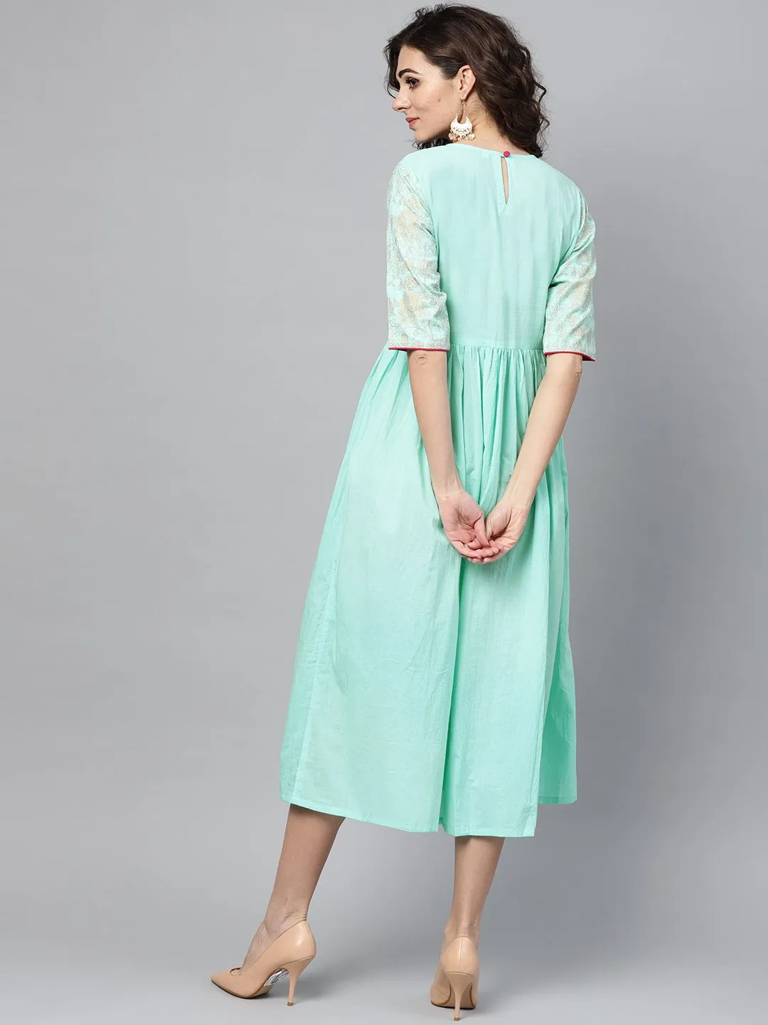 Pastel Green Dress With Front Gold Printed Yoke & 3/4 Sleeves