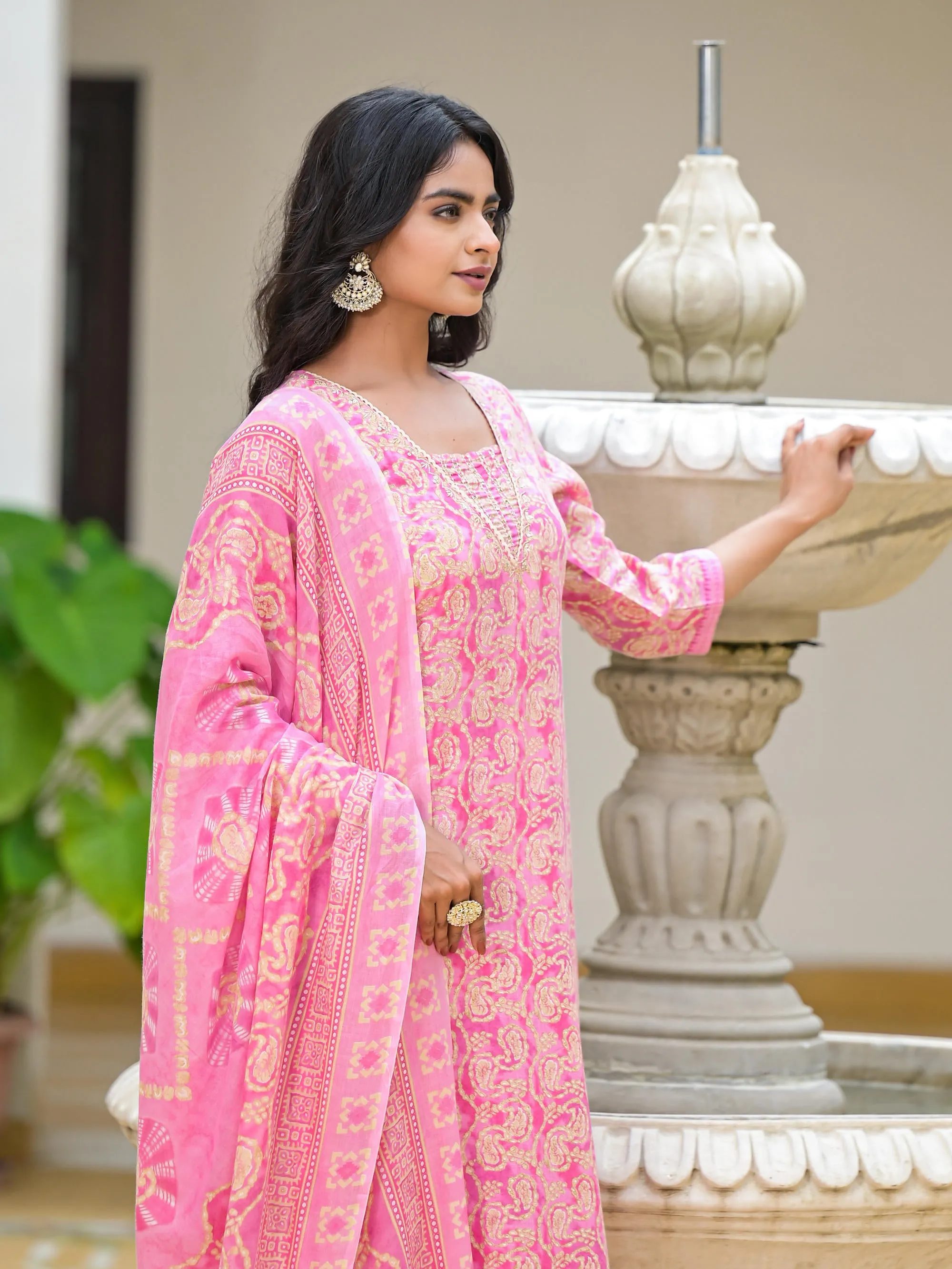 Pink Floral Printed Cotton Kurta Pant With Dupatta Set With Sequins & Mirror Work