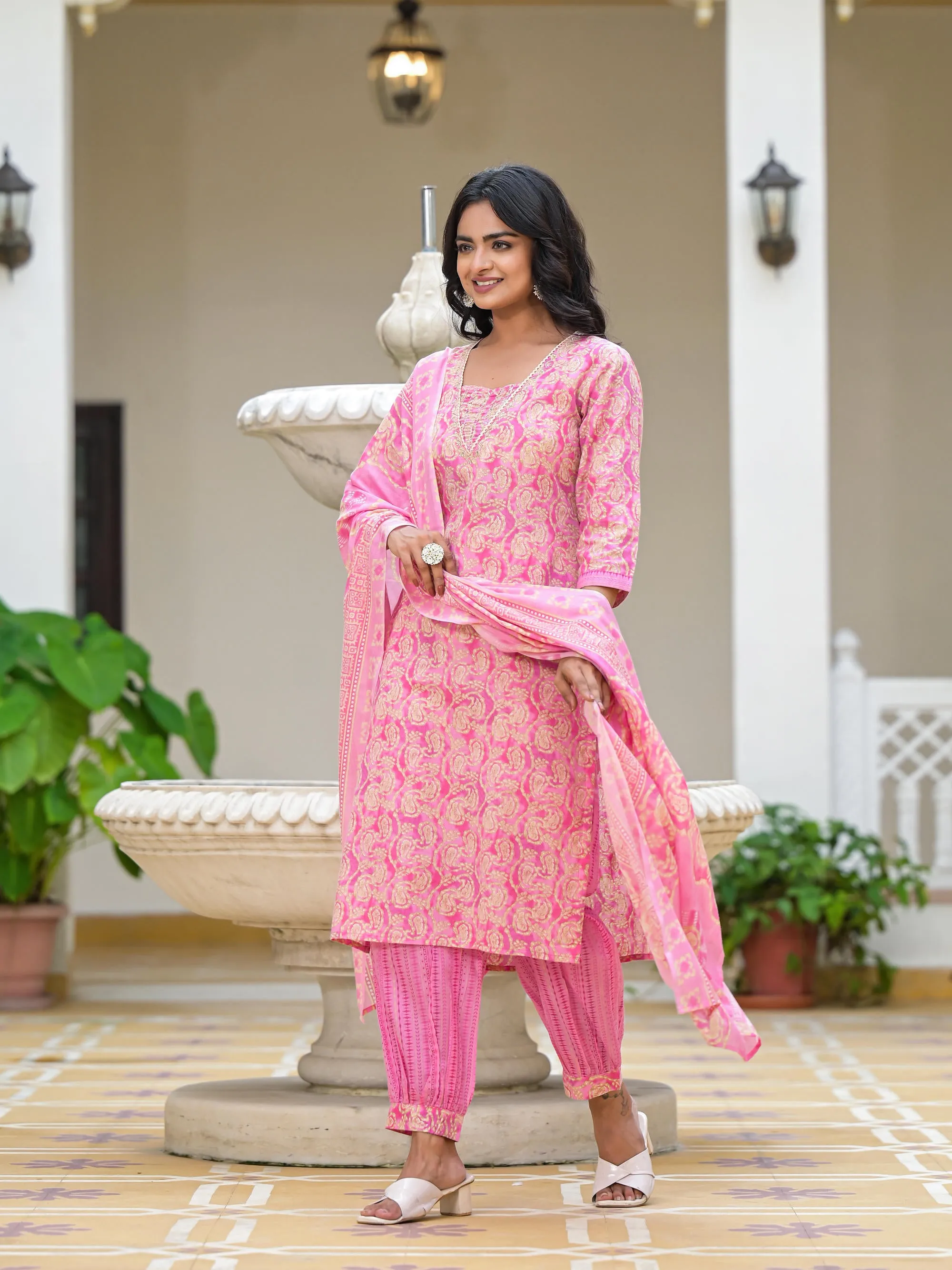 Pink Floral Printed Cotton Kurta Pant With Dupatta Set With Sequins & Mirror Work