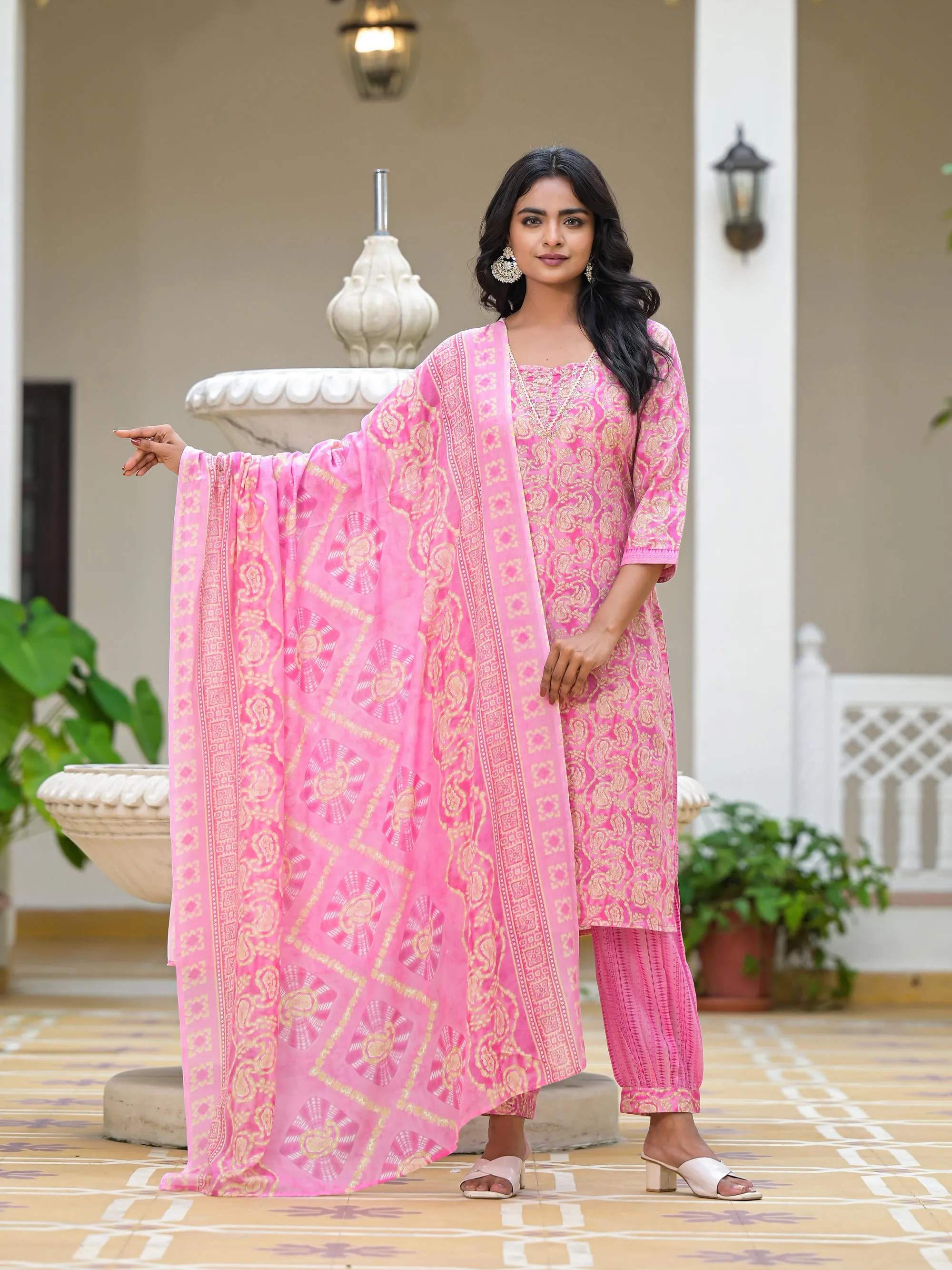 Pink Floral Printed Cotton Kurta Pant With Dupatta Set With Sequins & Mirror Work