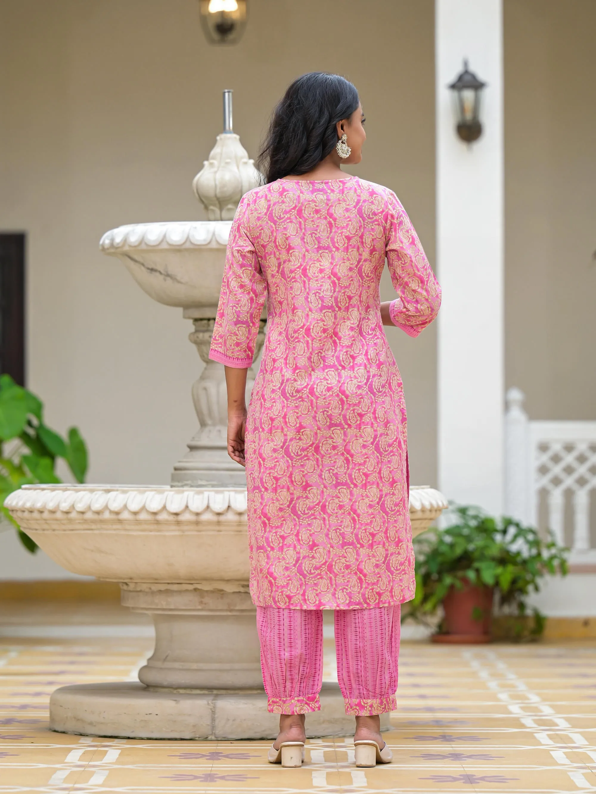 Pink Floral Printed Cotton Kurta Pant With Dupatta Set With Sequins & Mirror Work