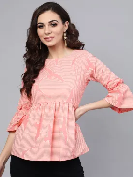 Pink Quirky Bird Printed Round Neck Frilled Sleeves Top