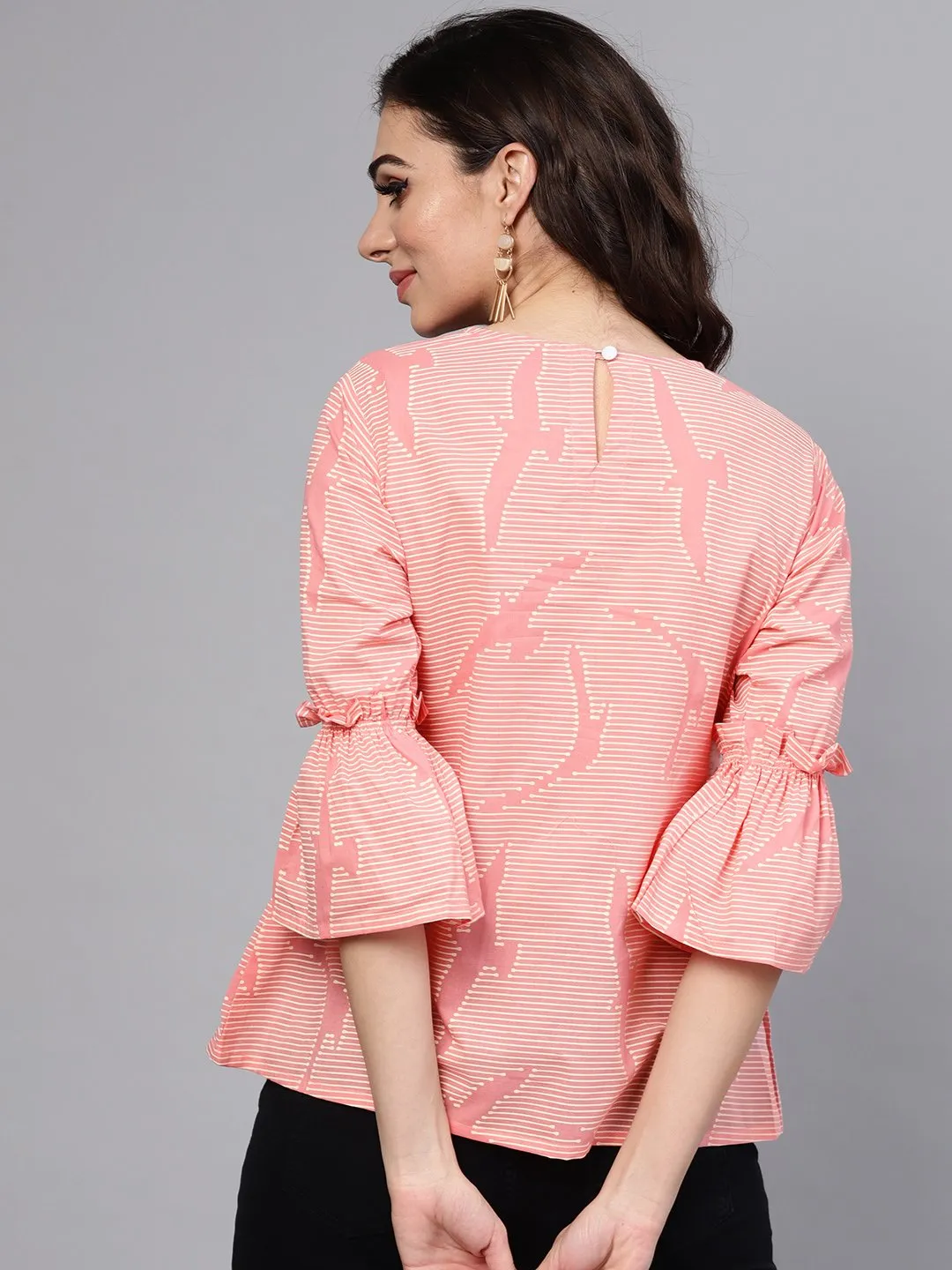 Pink Quirky Bird Printed Round Neck Frilled Sleeves Top