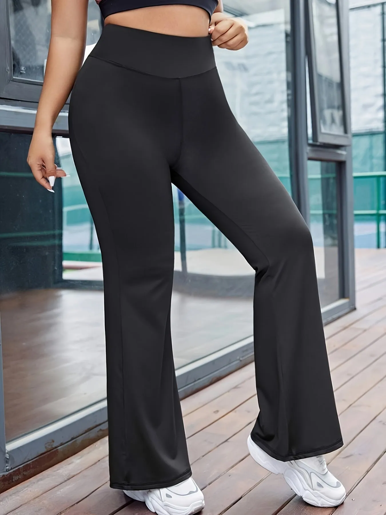 Plus Size High Rise Medium Stretch Flared Leg Trousers - Solid Style for Active Women