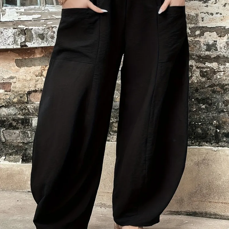 Plus Size Solid Pocket Baggy Pants - A Must-Have in Women's Plus Size Clothing"