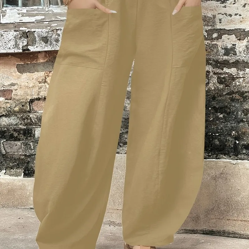 Plus Size Solid Pocket Baggy Pants - A Must-Have in Women's Plus Size Clothing"