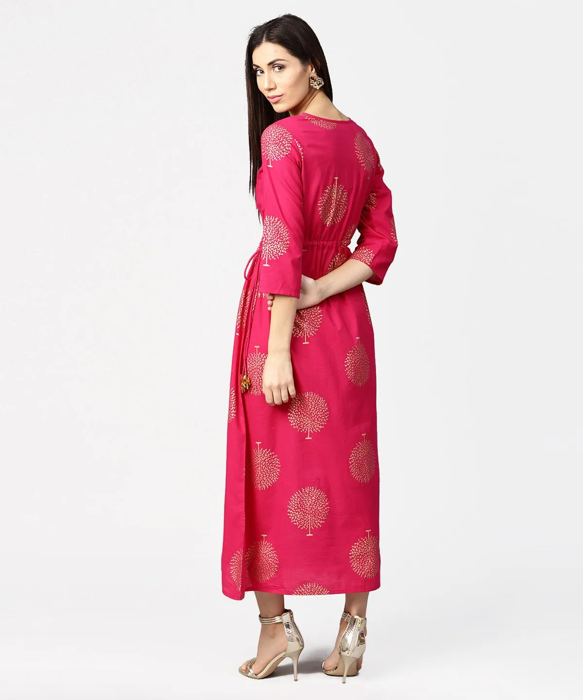 Red 3/4Th Sleeve Cotton Maxi Dress With Elastic At West & Latkan