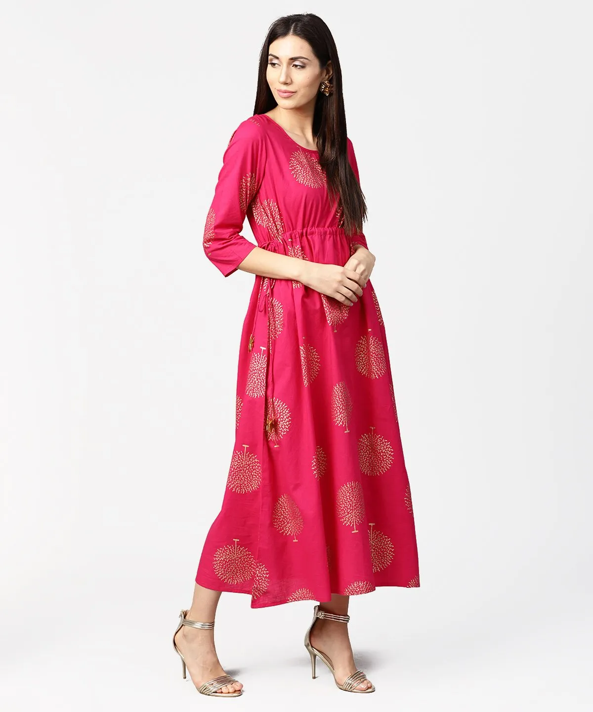 Red 3/4Th Sleeve Cotton Maxi Dress With Elastic At West & Latkan