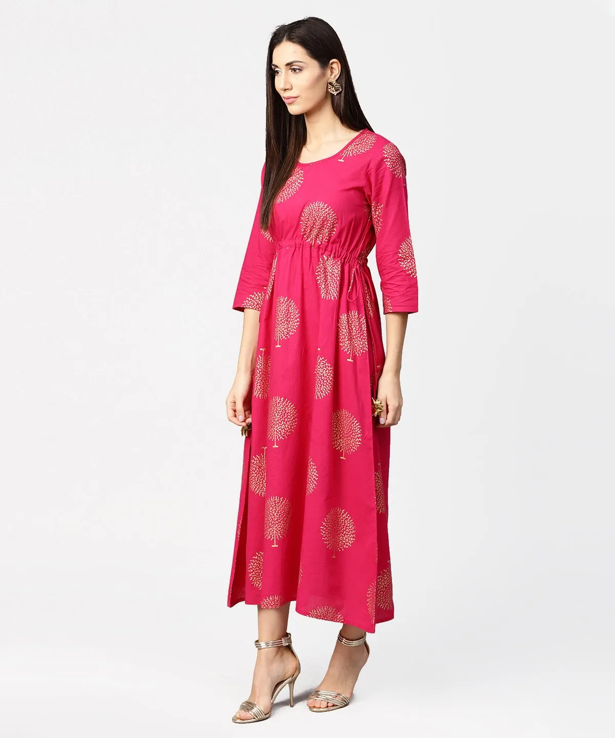 Red 3/4Th Sleeve Cotton Maxi Dress With Elastic At West & Latkan