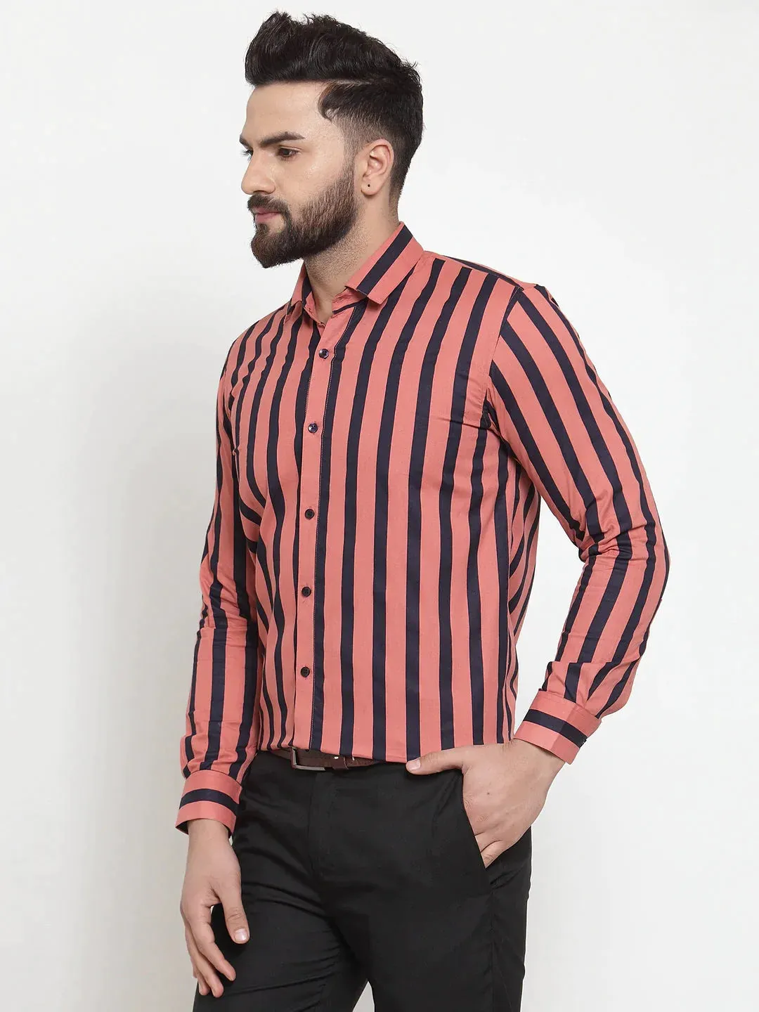 Red Men'S Cotton Striped Formal Shirts