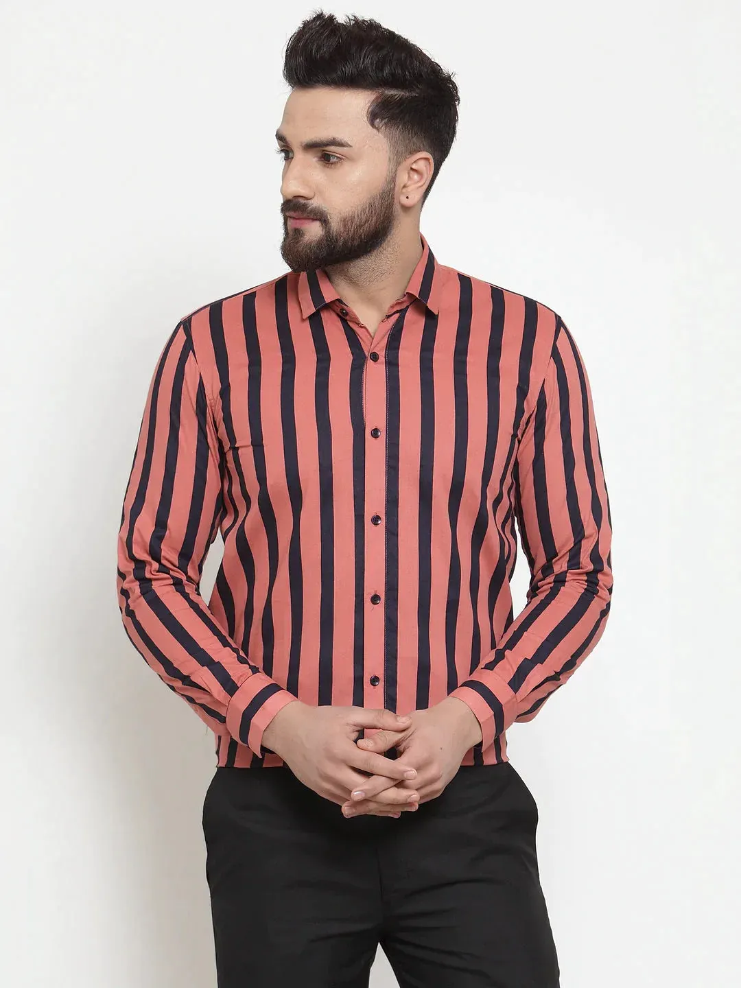 Red Men'S Cotton Striped Formal Shirts