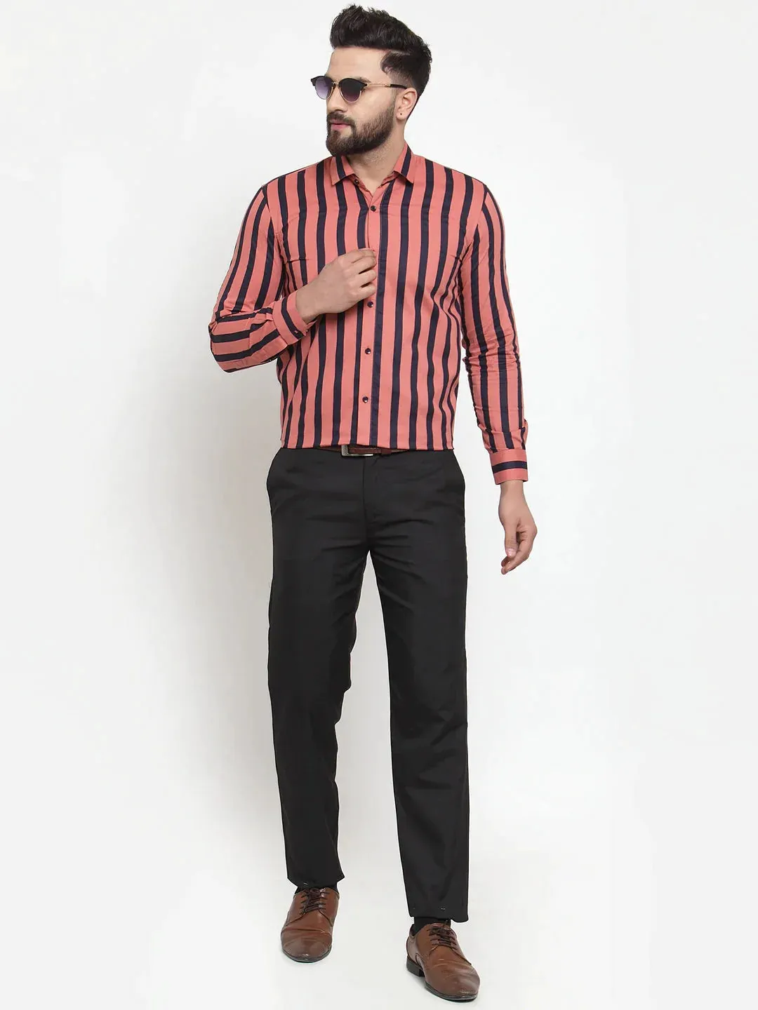 Red Men'S Cotton Striped Formal Shirts