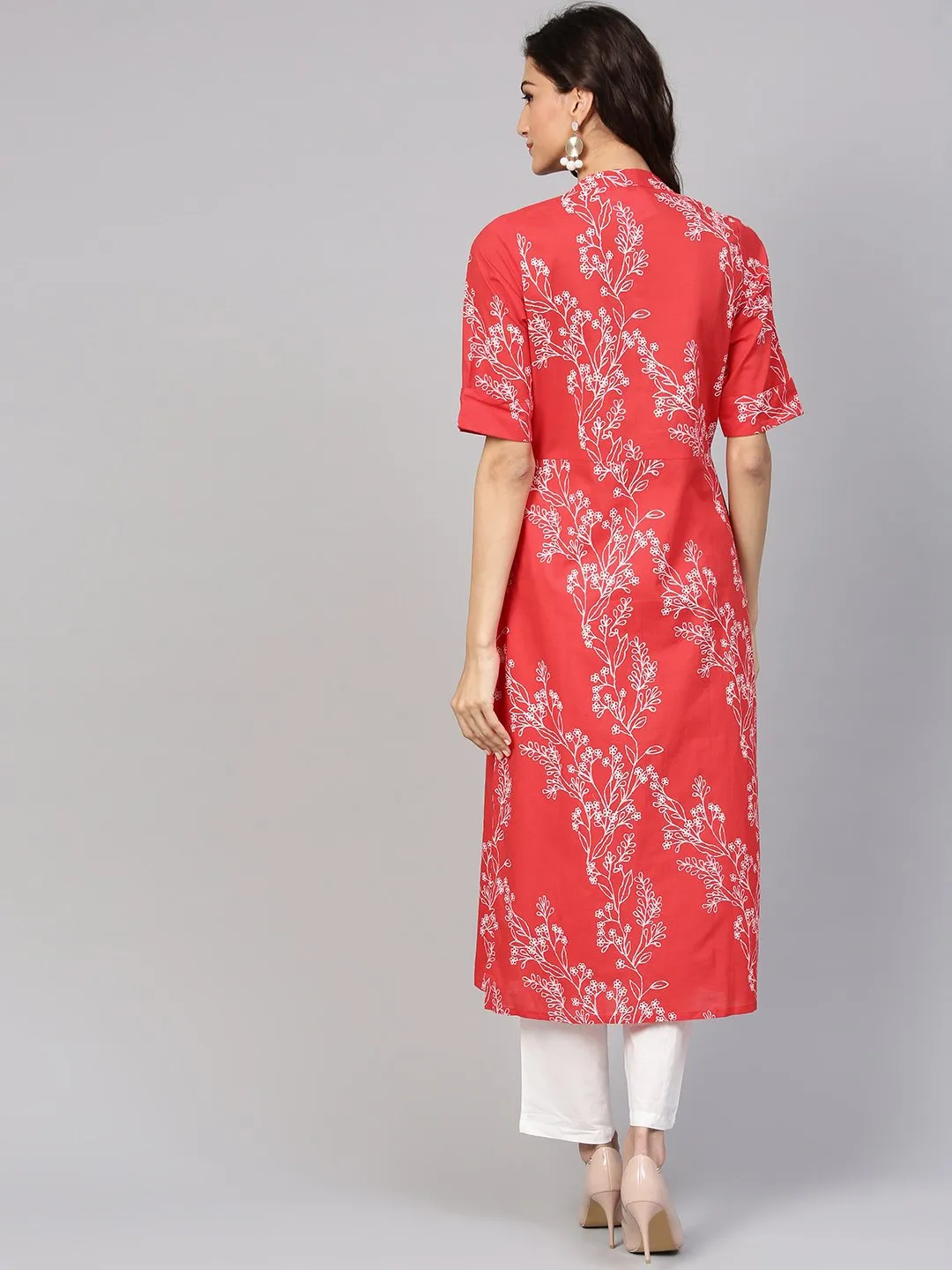 Red Printed Half Sleeve Kurta Set With White Solid Pants