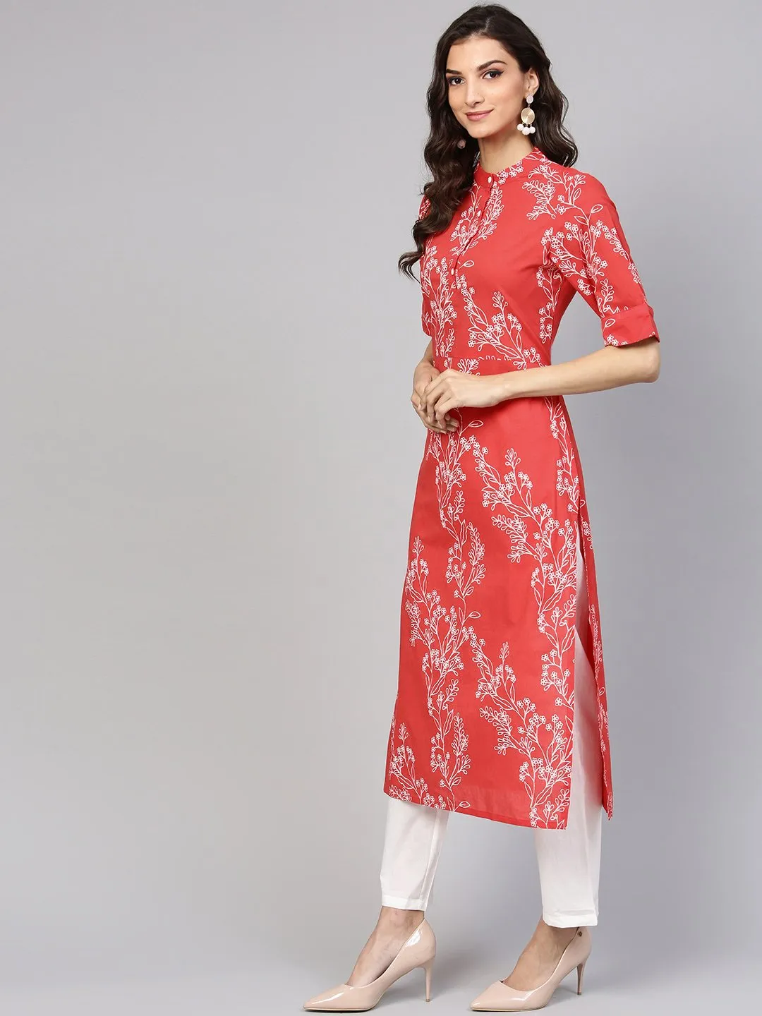 Red Printed Half Sleeve Kurta Set With White Solid Pants