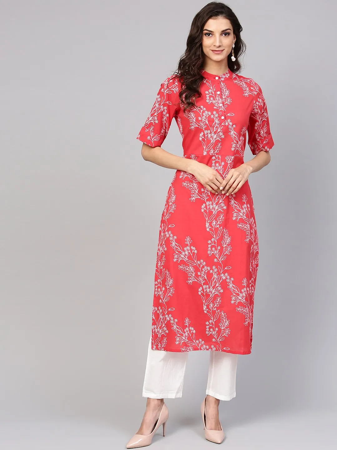 Red Printed Half Sleeve Kurta Set With White Solid Pants