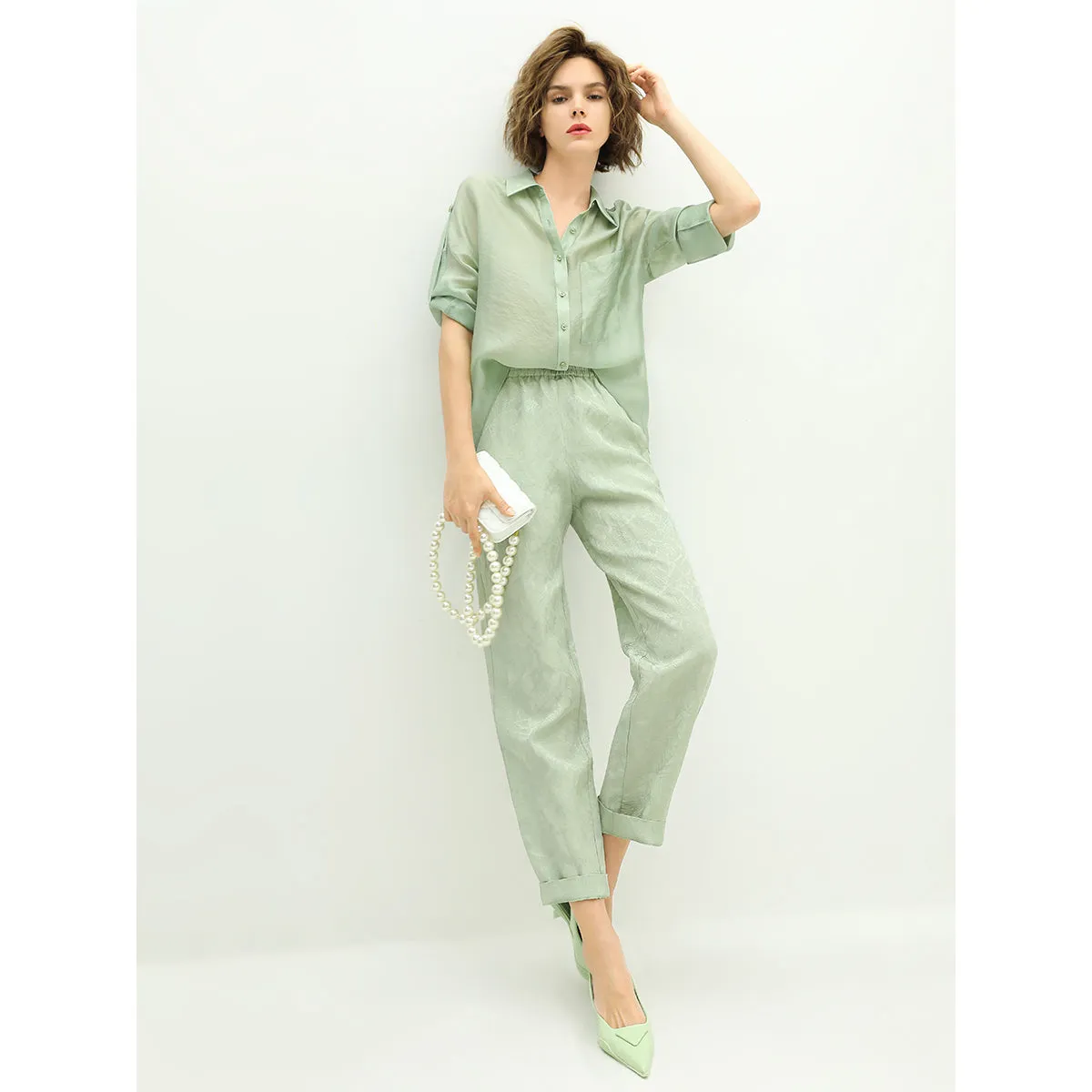 Relaxed Fit Light Green Ankle Pants