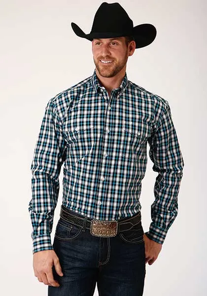 Roper Apparel Black/Teal/White Plaid Button-Down Shirt for Men