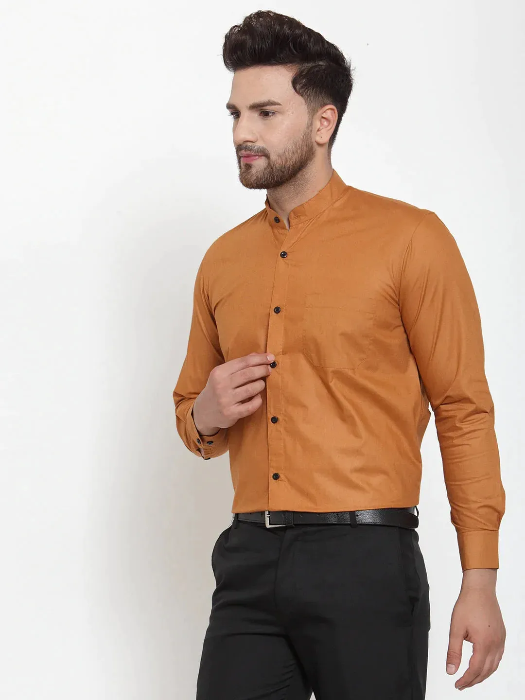 Rust Men'S Cotton Solid Mandarin Collar Formal Shirts