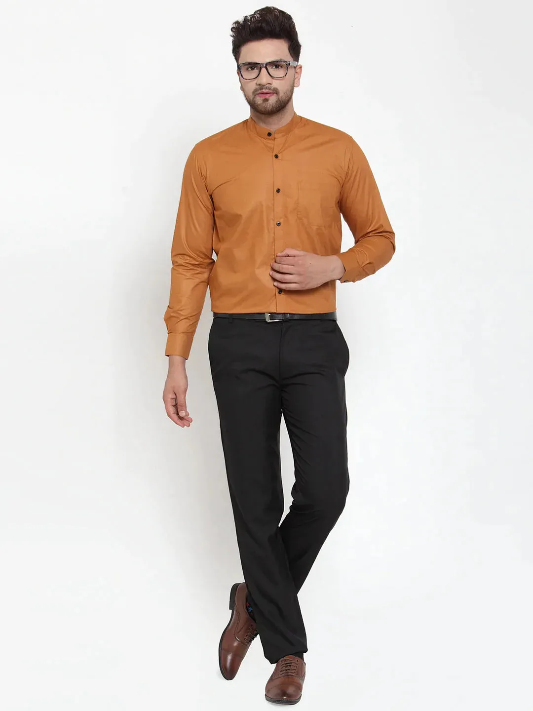 Rust Men'S Cotton Solid Mandarin Collar Formal Shirts