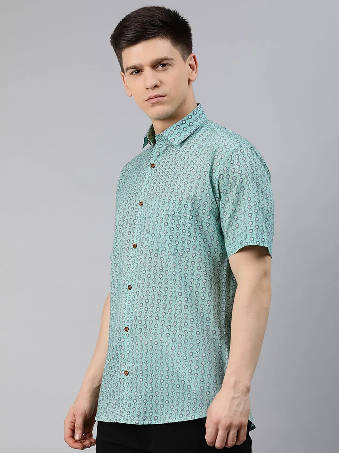 Sea Green Cotton Short Sleeves Shirts For Men-Mmh029