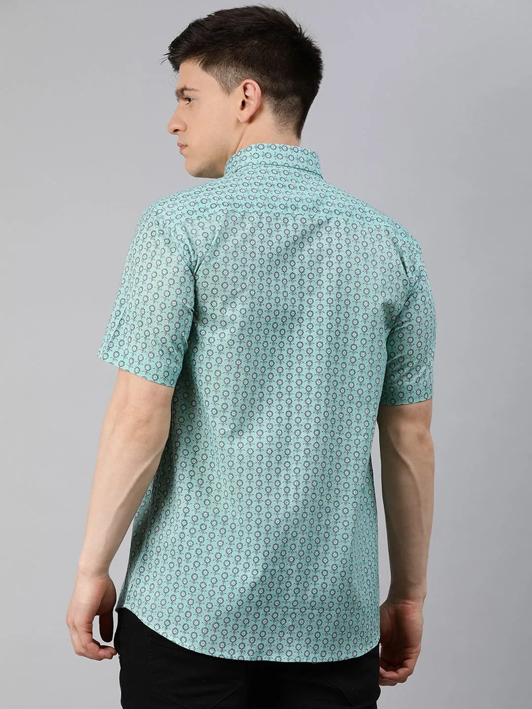 Sea Green Cotton Short Sleeves Shirts For Men-Mmh029