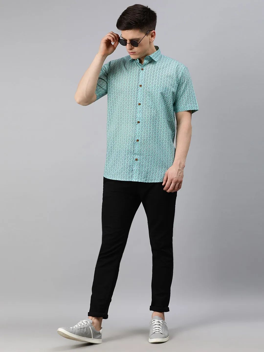 Sea Green Cotton Short Sleeves Shirts For Men-Mmh029