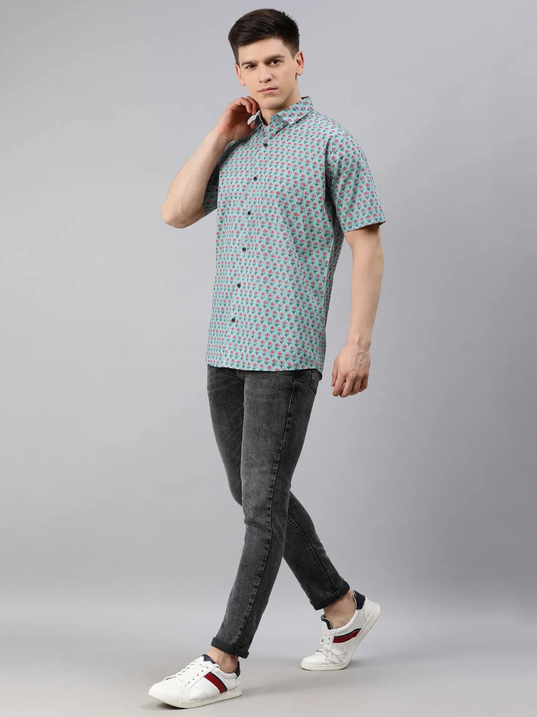 Sea Green Cotton Short Sleeves Shirts For Men-Mmh06