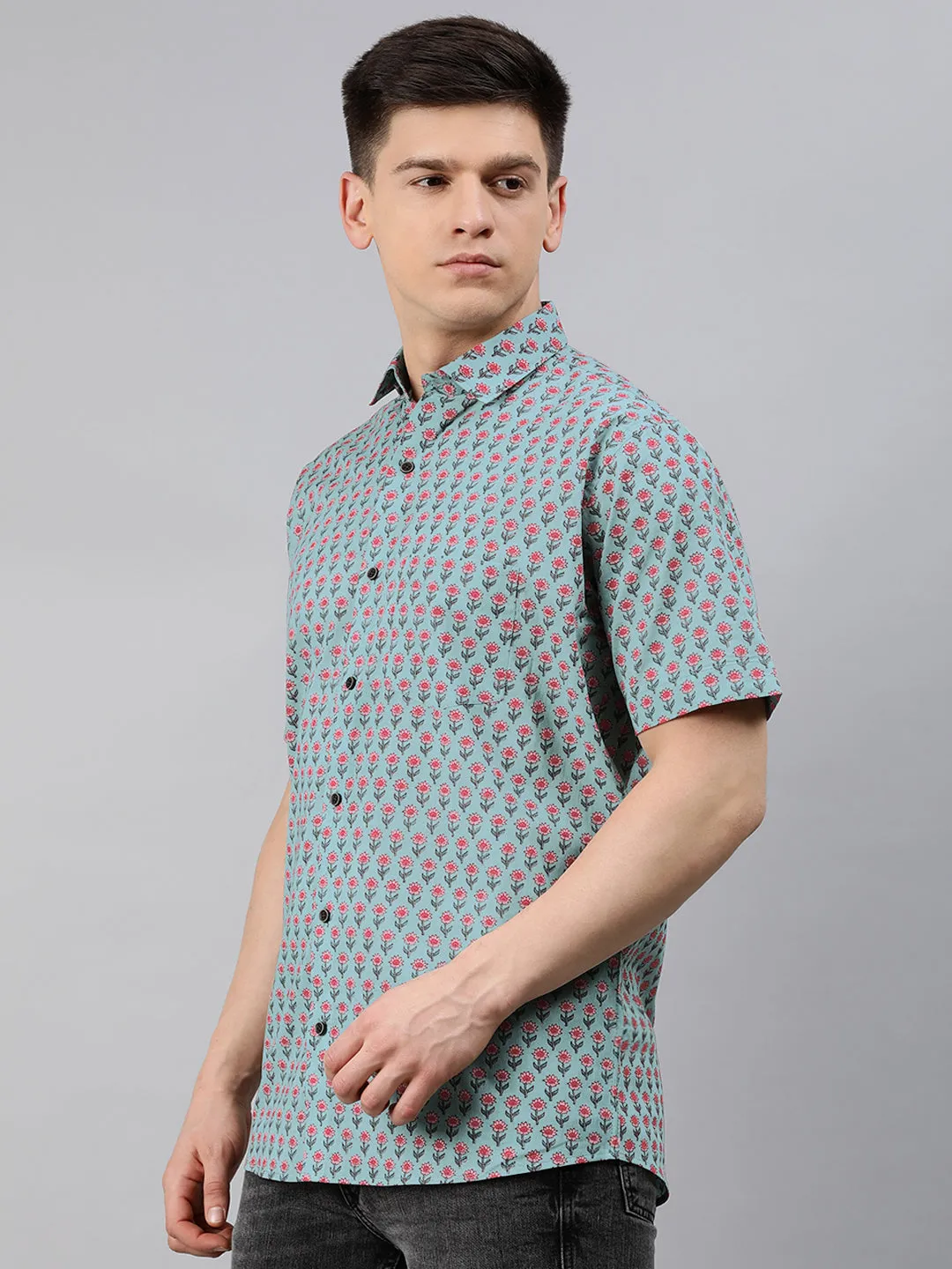 Sea Green Cotton Short Sleeves Shirts For Men-Mmh06