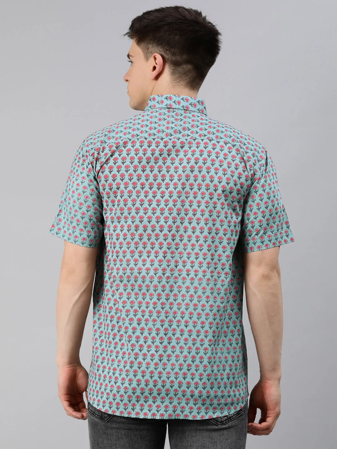 Sea Green Cotton Short Sleeves Shirts For Men-Mmh06